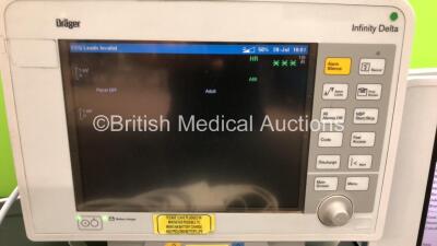 2 x Drager Infinity Delta Patient Monitors *Mfd 2013 - 2008* with HemoMed 1, Aux/Hemo 3, NBP and MultiMed Options with MultiMed Lead and 2 x Infinity Docking Stations (Both Power Up) *6005407679 - 6000216877* - 2