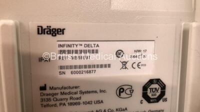 2 x Drager Infinity Delta Patient Monitors *Mfd 2013 - 2008* with HemoMed 1, Aux/Hemo 3, NBP and MultiMed Options with MultiMed Lead and 2 x Infinity Docking Stations (Both Power Up) *6005407679 - 6000216877* - 10