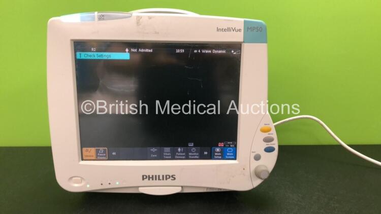 Philips IntelliVue MP50 M8004A Patient Monitor Revision J.10.52 with 1 x Philips M3012A Module Including Temp and Press Options (Powers Up with Scratched Screen-See Photo) *Mfd 02/2011, 03/2013*