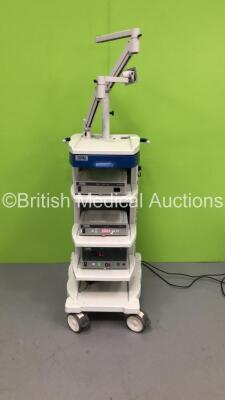 Storz Stack Trolley with Storz 222000 20 SCB Image 1 Hub Camera Control Unit, Storz 203020 20 equimat Fluid Management System and Storz 20711120 SCB Unidrive gyn Unit (Powers Up)