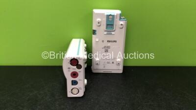 2 x Philips M3001A Opt A01C06 Modules Including ECG, SpO2, NBP, Press and Temp Options *Mfd 01/2008, 07/2008* (Both with Damaged Casing-See Photos)