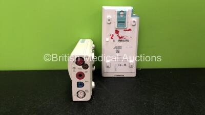 2 x Philips M3001A Opt A01C06 Modules Including ECG, SpO2, NBP, Press and Temp Options *Mfd 05/2008, 05/2011*