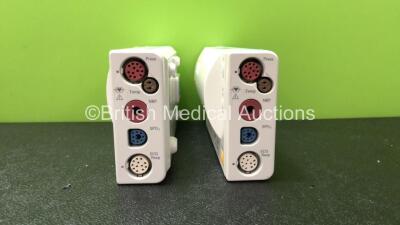 2 x Philips M3001A Opt A01C18 Modules Including ECG, SpO2, NBP, Press and Temp Options *Mfd 01/2008, 02/2007* (Both with Damaged Casing-See Photos)