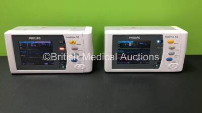 2 x Philips IntelliVue X2 Handheld Patient Monitors *Mfd 2009 - NA* Including ECG, SpO2, NBP, Temp, and Press Options Software Revision H.15.45 (Power Up when Tested with Stock Battery-Batteries Not Included)