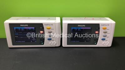 2 x Philips IntelliVue X2 Handheld Patient Monitors *Mfd 2011 - 2010* Including ECG, SpO2, NBP, Temp, and Press Options Software Revision H.03.14 - H.15.45 and 2 x Batteries - Flat with Some Marks to Screen - See Photo (Power Up when Tested with Stock Bat