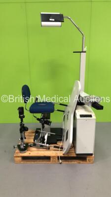 Ophthalmic Workstation with Table, Haag Streit Bern SL900 Slit Lamp with 2 x 10x Eyepieces, Haag Streit Bern Keratometer and Accessories (Table Top Dismantled) *S/N FS0022553*