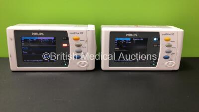 2 x Philips IntelliVue X2 Handheld Patient Monitors *Mfd 2010 - 2010* Including ECG, SpO2, NBP, Temp, and Press Options Software Revision H.15.45 and 2 x Batteries - Flat (Power Up when Tested with Stock Battery)