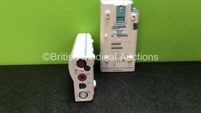 2 x Philips M3001A Opt A01C06 Modules Including ECG, SpO2, NBP, Press and Temp Options *Mfd 11/2009, 10/2005*