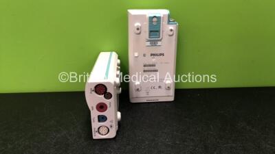 2 x Philips M3001A Opt A01C06 Modules Including ECG, SpO2, NBP, Press and Temp Options *Mfd 02/2007, 10/2007* (Both with Damaged Casing-See Photos)