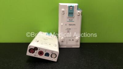 2 x Philips M3001A Opt A01C06C12 Modules Including ECG, SpO2, NBP, Press and Temp Options *Mfd 02/2009, 02/2009*