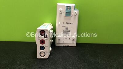 2 x Philips M3001A Opt A01C06 Modules Including ECG, SpO2, NBP, Press and Temp Options *Mfd 01/2005, 02/2010*