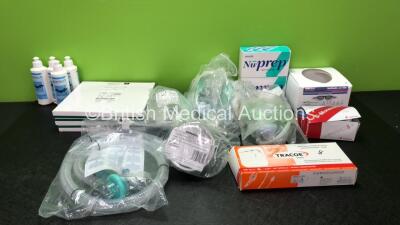 Job Lot of Consumables Including 4 x Skintact Ultrasonic Gels, Skin Prep Gels, Tracheostomy Tubes, Flo Catheters, Masks, Neo Shades and Blood Transfusion Syringes