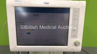 Drager Evita XL Ventilator Ref 8414900-05 Software Version 07.04 / Running Hours - 70750 with Hoses on Drager Mova Cart (Powers Up-Damage to Front Casing-See Photos) * SN ARSM-0376 * * Mfd 2002 * - 2