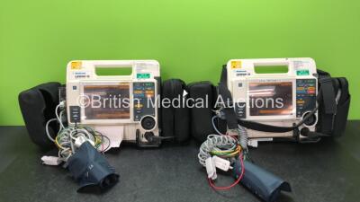 2 x Medtronic Lifepak 12 Biphasic Defibrillators / Monitors Including ECG, SPO2, CO2, NIBP and Printer Options with 2 x SpO2 Finger Sensors, 2 x 4 Lead ECG Leads, 2 x NIBP Hoses with BP Cuffs and 4 x Batteries in Carry Cases (Both Power Up) *SN 37628595, 