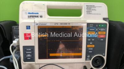 2 x Medtronic Lifepak 12 Biphasic Defibrillators / Monitors Including ECG, SPO2, CO2, NIBP and Printer Options with 2 x SpO2 Finger Sensors, 2 x 4 Lead ECG Leads, 2 x NIBP Hoses with BP Cuffs and 4 x Batteries in Carry Cases (Both Power Up) *SN 37628567, - 5