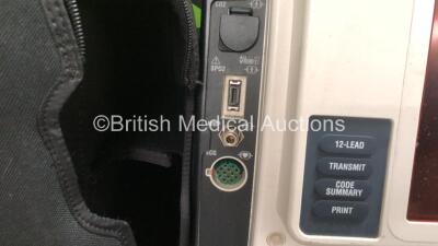 2 x Medtronic Lifepak 12 Biphasic Defibrillators / Monitors Including ECG, SPO2, CO2, NIBP and Printer Options with 2 x SpO2 Finger Sensors, 2 x NIBP Hoses and 4 x Batteries in Carry Cases (Both Power Up) *SN 37808486, 37632503* - 3