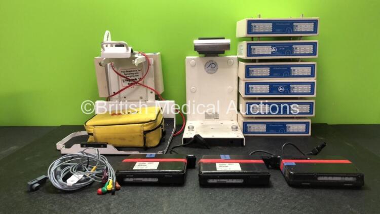 Mixed Lot Including 1 x DL007/33 Lifepak 15 Mounting Bracket with 1 x AD High Pak Charger, 1 x AD Back Pak 12 Mounting Lifepak 12 Mounting Bracket 6 x AD High Pak Chargers, 3 x Multitech MTCDP-H5 Batteries and 2 x Physio Control 6 Lead ECG Leads *1844794