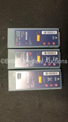 Job Lot Including 2 x Philips FR2+ Defibrillators (1 Powers Up with Error, 1 No Power-See Photo) 1 x Agilent FR2 Defibrillator (Powers Up) 3 x Philips M3863A Batteries *Install Dates 08-2012, 09-2017, 09-2012* - 6