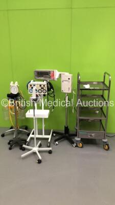 Mixed Lot Including 1 x Fisher & Paykel SunTouch Patient Warmer,2 x Regulators on Stand with 2 x Suction Cups,1 x Accoson BP Meter,1 x Welch Allyn BP Meter,1 x Stainless Steel Trolley and 1 x Anetic Aid Tourniquet with Hoses