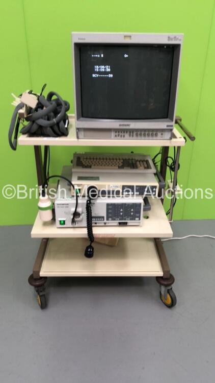 Stack Trolley Including Sony Trinitron Monitor,Olympus Evis CV-230 Digital Processor,Olympus MH-977 Pigtail Connector,Olympus Evis CLV-U20 Processor/Light Source Unit and Keyboard (Powers Up)