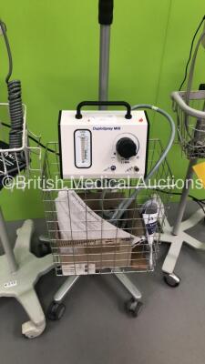 1 x Welch Allyn SPOT Vital Signs Monitor on Stand with BP Hose (Missing Front Face Panel), 1 x CSI Criticare Model 506DXN VItal Signs Monitor on Stand with BP Hose and Cuff and 1 x DuploSpray MIS Regulator on Stand with Hose (All Power Up) - 3