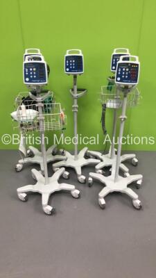 5 x CSI Criticare ComfortCuff 506N3 Series Vital Signs Monitors on Stands (All Power Up - 2 x Missing Trims / Panels - See Pictures)