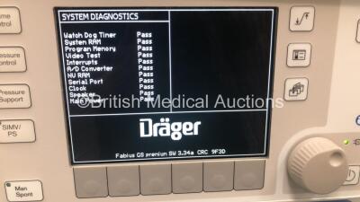 Drager Fabius GS Premium Anaesthesia Machine Software Version 3.34a Total Hours Run 5410 Total Vent Hours 744 with Bellows and Hoses (Powers Up) *S/N ASFK0138* - 2