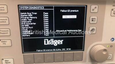 Drager Fabius GS Premium Anaesthesia Machine Software Version 3.34a Total Hours Run 5410 Total Vent Hours 744 with Bellows and Hoses (Powers Up) *S/N ASFK0138* - 3