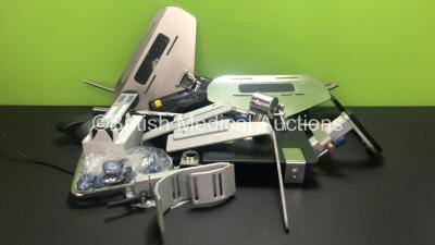 Job Lot of Operating Table Attachments / Accessories Including Stirrups, Clamps and 1 x Maquet 3113.1269 Wireless Remote Control with Maquet 3110.26A9 Docking Station Charger (Powers Up, Does Not Charge Remote)