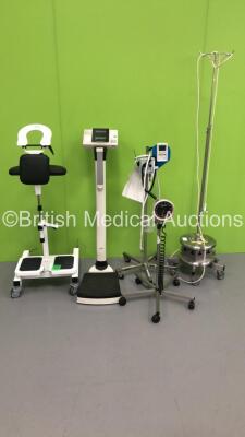 1 x Pivotal Health Solutions Stand, 1 x Seca Stand on Scales, 1 x Vital Flow 100 Oxygen Air Flow Meter on Stand, 1 x Welch Allyn Blood Pressure Meter on Stand and 1 x Mobile Extension Lead with Drip Stand