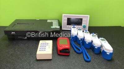 Mixed Lot Including 2 x Tripp Lite Smart UPS Units, 1 x Simulaids Unit, 1 x Hemocue Hb201DM Tester, 1 x Anesthesia Machine Display Plate and 5 x Covidien Genius 2 Thermometers with Base Units *SN NS03114, 0902621013, SM5622, 1010032445*