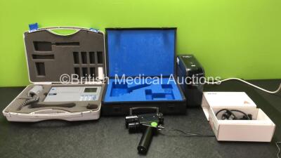 Mixed Lot Including 1 x Micro Lab Medical Spirometer In Case (Untested Due to No Power Supply) 1 x Hildreth Level Developments Hand Held Ophthalmic Light with 1 x AC Power Supply (No Power) 1 x Riello iDialog UPS Unit (No Power) 1 x TopCon NT200 Handle