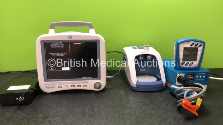 Mixed Lot Including 1 x GE Transport Pro Patient Monitor with 1 x AC Power Supply (Powers Up with Damaged Power Port-See Photo) 1 x Fisher & Paykel Ref PT101UK Airvo 2 Humidifier Unit (Powers Up with Blank Display and Alarm) 1 x enLow Controller Model 121