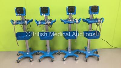4 x GE Carescape V100 Patient Monitors on Stands with 4 x Sp02 Finger Sensors and 4 x BP Hoses (All Power Up)