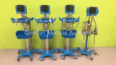 4 x GE Carescape V100 Patient Monitors on Stands with 2 x Sp02 Finger Sensors and 4 x BP Hoses (All Power Up)