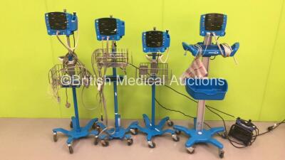 4 x GE Carescape V100 Patient Monitors on Stands with 3 x Sp02 Finger Sensors and 3 x BP Hoses (3 x Power Up,1 x No Power)