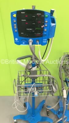 4 x GE Carescape V100 Patient Monitors on Stands with 3 x Sp02 Finger Sensors and 3 x BP Hoses (3 x Power Up,1 x No Power) - 2