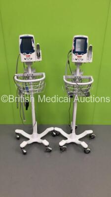 2 x Welch Allyn Spot Vital Signs LXi Monitors on Stands and 2 x BP Hoses and 2 x SpO2 Finger Sensors (Unable to Test Due to No Power Supplies)