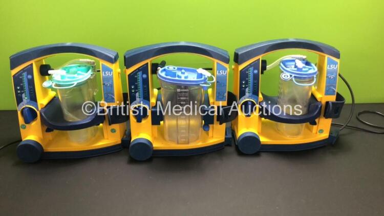 3 x Laerdal LSU Suction Units with 3 x Suction Cups and 2 x Lids (All Power Up) *Mfd 2011 / 2011 / 2014*