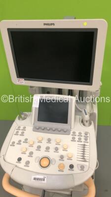 Philips iU22 Flatscreen Ultrasound Scanner with 3 x Transducers/Probes (1 x L15-7io,1 x L9-3 and 1 x L17-5) on G.1 Cart (Hard Drive Removed-Damage to Keyboard-See Photos) * SN B05NNT * * Mfd March 2012 * - 2