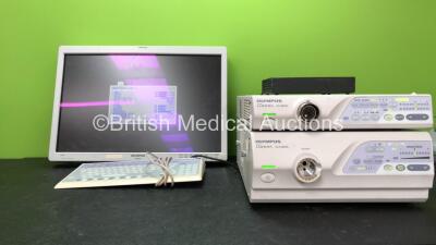 Olympus Job Lot Including 1 x Olympus OEV261H High Definition LCD Monitor with 1 x AC Power Supply, 1 x Olympus EVIS Lucera CV-260SL Video System and 1 x Olympus EVIS Lucera CV-260L Xenon Light Source and 1 x Olympus MAS-056-E Keyboard (All Power Up)