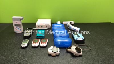 Mixed Lot Including 1 x Vitalograph 2110 Pef Unit, 1 x Mecmesin 100N Compact Force Gauge, 5 x Omron Gentle Temp 510 Ear Thermometers, 1 x GE Ohmeda TuffSat SpO2 Meter, 2 x Accu Chek Performa Blood Glucose Meters, 2 x Konica Minolta Pulsox 300 Meters, 1 x