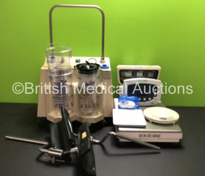 Mixed Lot Including 1 x Welch Allyn 52N00 Vital Signs Monitor 1 x Weylux Digital Weighing Scale, 2 x Salter Digital Weighing Scales, 1 x Eschmann CP100 Suction Unit, 1 x Omron GentleTemp 510 Thermometer and 2 x Operating Table Stirrups