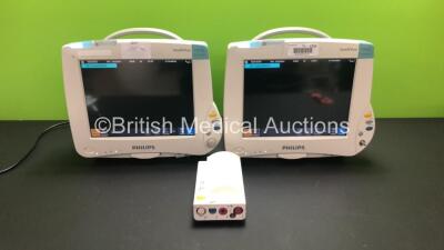 2 x Philips IntelliVue MP50 Anesthesia Monitors with 1 x Philips M30001A Module with ECG/Resp, Temp, SPO2, NBP and Press Options (Both Power Up - Both Units and Module Cracked Casings) *Mfd 2012 / 2012*