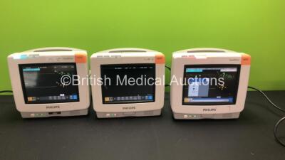 3 x Philips MP5 M8105A Patient Monitors with NBP, SPO2 and ECG/Resp Options (All Power Up - Damage to Casings - 1 x Missing Release Button - 1 x Scratches to Screen - See Pictures)