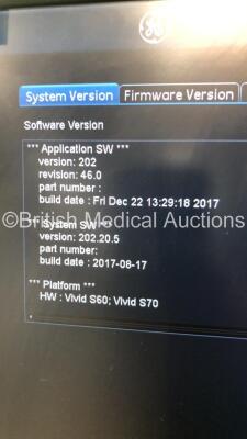 GE Vivid S70N (95640026140) Flatscreen Ultrasound Scanner Ref V202CH Application SW Version 202 Revision 46.0 System SW Version 202.20.5 with 2 x Transducers/Probes (1 x M5Sc-D * Mfd May 2020 * and 1 x P2D TE Probe) and 3-Lead ECG Lead (Powers Up-See Phot - 15