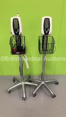 2 x Welch Allyn Spot Vital Signs Monitors on Stands with 1 x BP Hose and 2 x BP Cuffs (1 x Powers Up-Screen Flicks,1 x No Power)