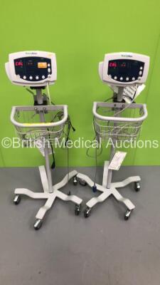 2 x Welch Allyn 53N00 Patient Monitors on Stands with 2 x BP Hoses and 2 x SpO2 Finger Sensors (Both Power Up) * Equip No 024337 / 024464 *