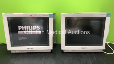 2 x Philips IntelliVue M8007A MP70 Touch Screen Patient Monitors Software Revision L.01.22, L.01.22 (1 Powers Up, 1 No Power, Both with Cracked Casing and Missing Covers-See Photos) *Mfd 07-2008, 07-2008*