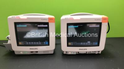 2 x Philips MP5 M8105A Patient Monitors with NBP, SPO2 and ECG/Resp Options (Both Power Up- Damage to Casings - 1 x Missing NBP Insert - Scratches to Screen) *Mfd 2014 / 2014*